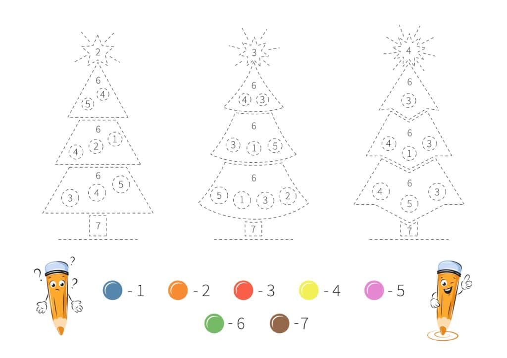 dessin de sapin de noel rejoint les traits et colorie par numero